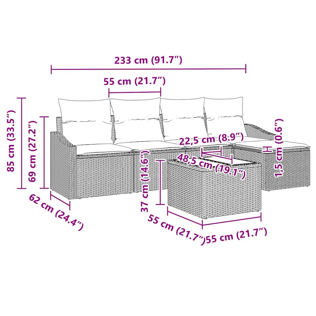Sofa Set 6 stk. Braun und Creme Poly-Rattan