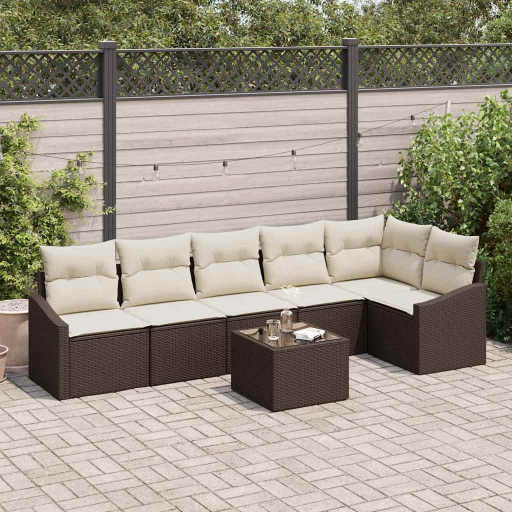 Gartensofa-set 7 stk. Braun und Creme Poly-Rattan