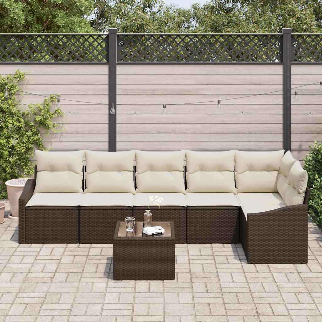 Gartensofa-set 7 stk. Braun und Creme Poly-Rattan