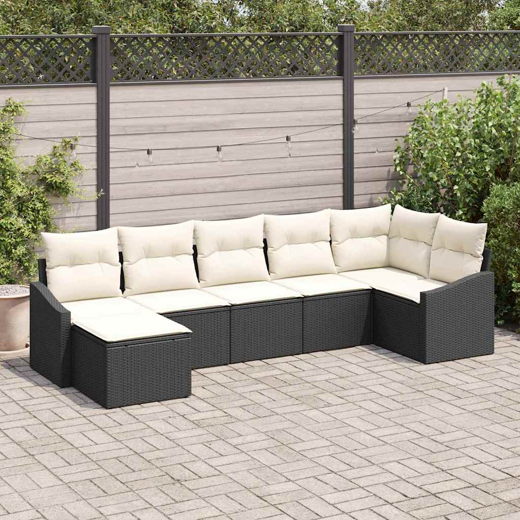 Garten-Sofa-Set 7 stk. Schwarz und Creme Poly-Rattan
