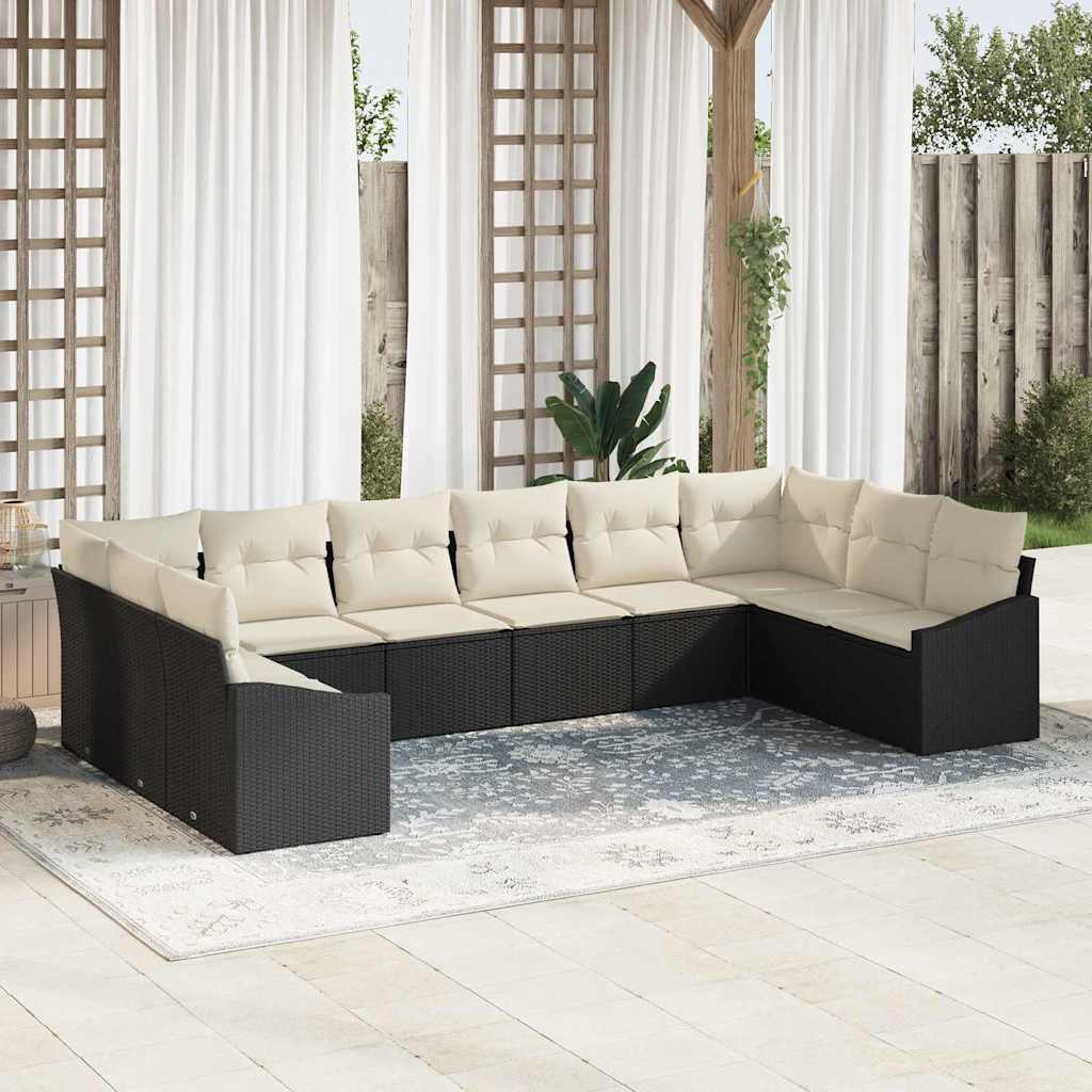Gartensofa-set 10 stk. Schwarz und Creme Poly-Rattan