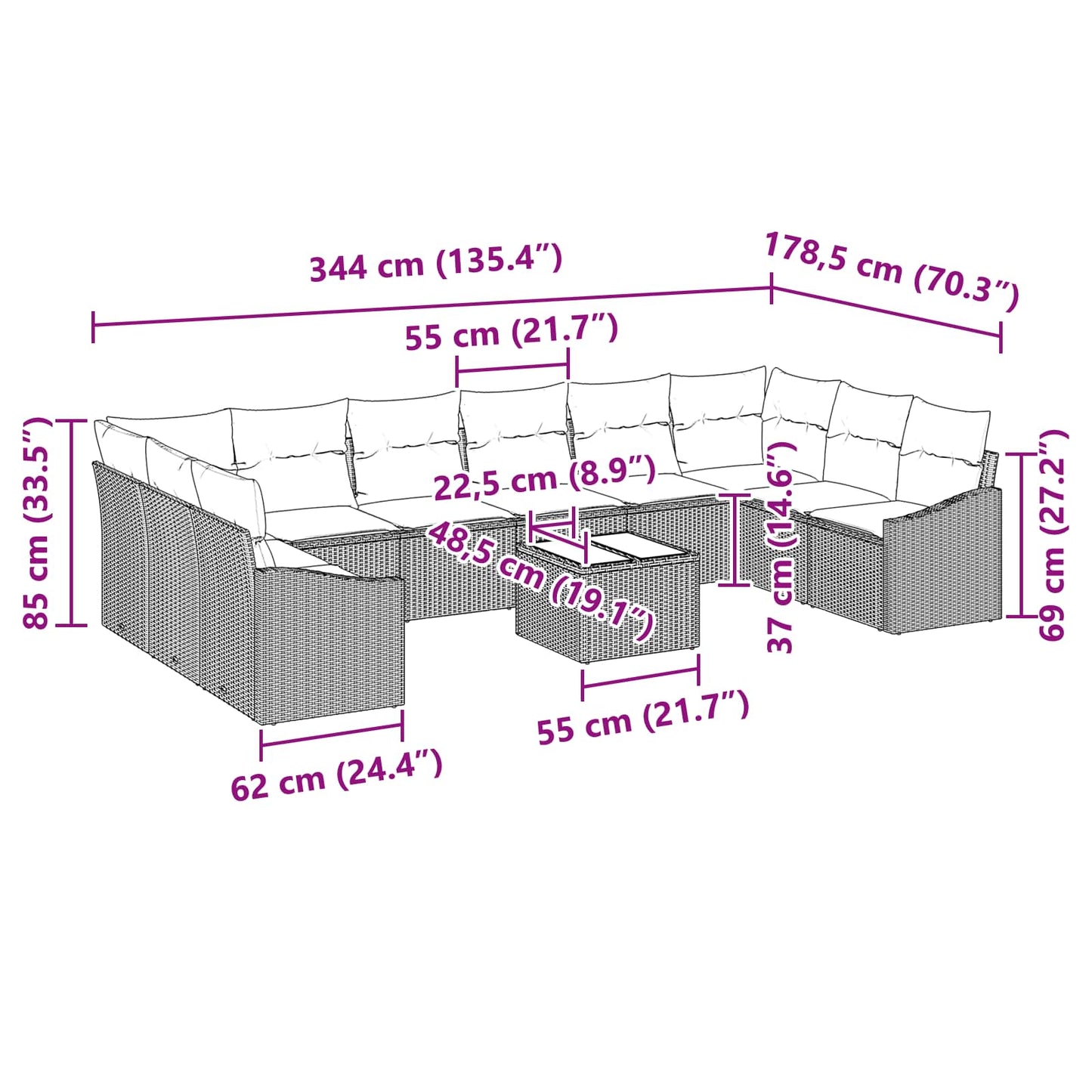 Gartensofa-set mit Speicher Hellgrau Poly-Rattan