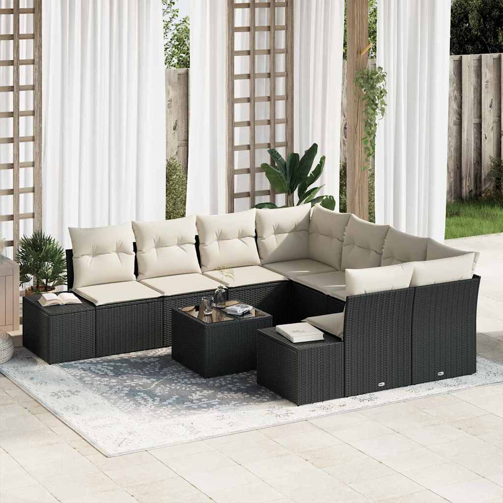 Garten-Sofa-Set 9 stk. Schwarz und Creme Poly-Rattan