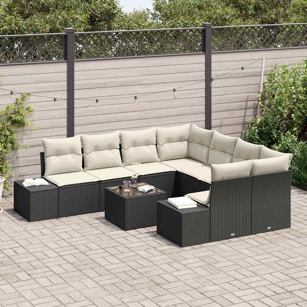 Garten-Sofa-Set 9 stk. Schwarz und Creme Poly-Rattan