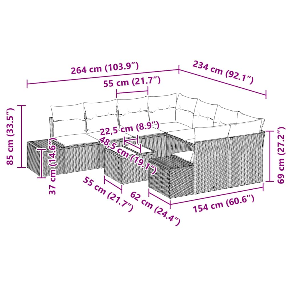 Garten-Sofa-Set 9 stk. Grau Poly-Rattan