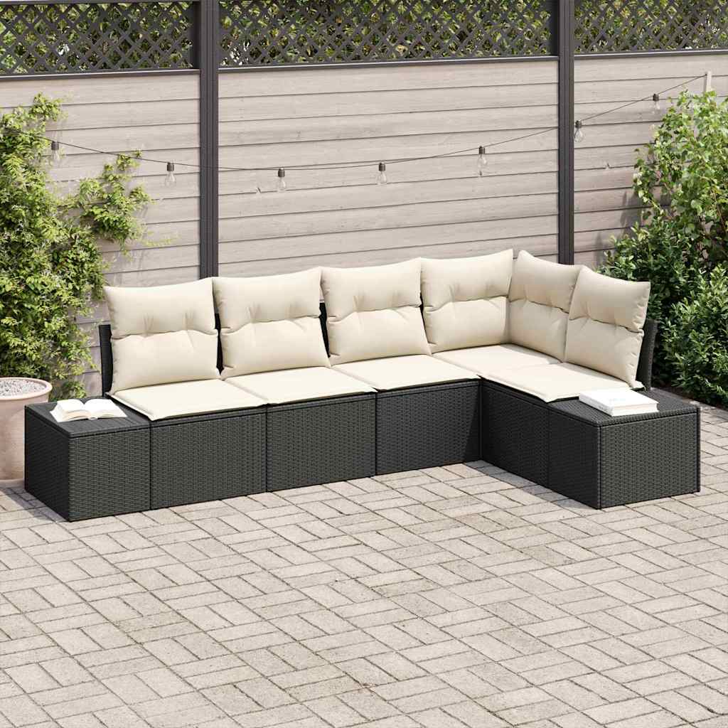 Gartensofa-set 5 stk. Schwarz und Creme Poly-Rattan