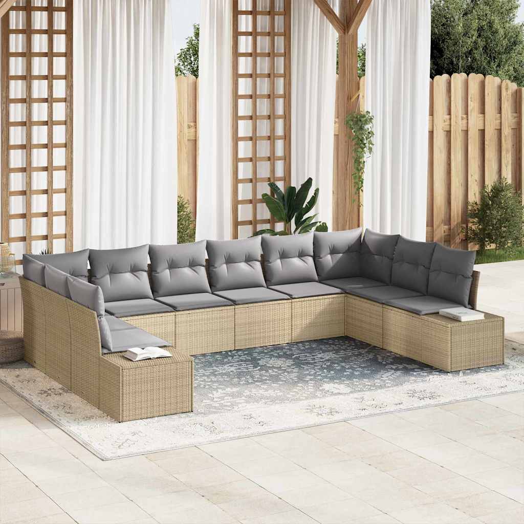 Gartensofa-set mit Kissen 10 pcs Beige und Hellgrau Polyrattan
