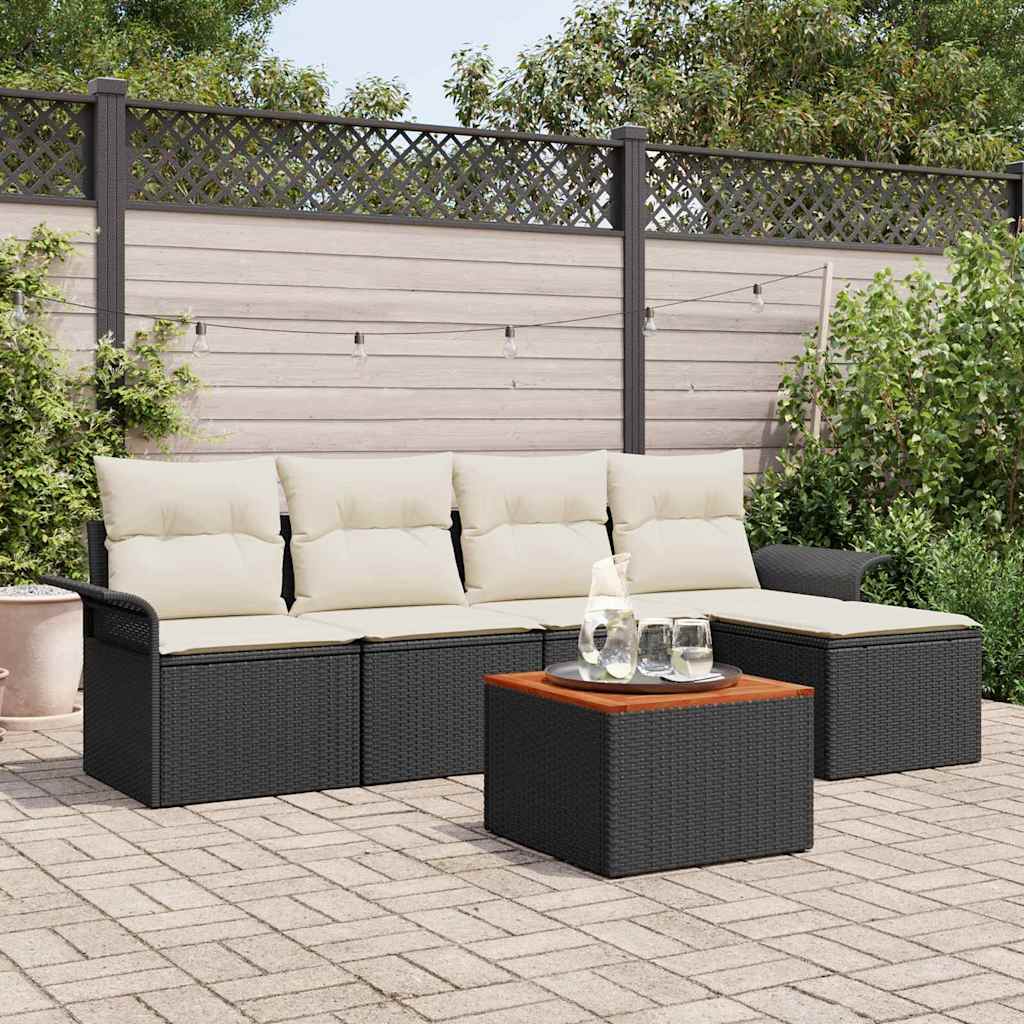 Gartensofa-set 6 Stk. Schwarz und Creme Poly-Rattan