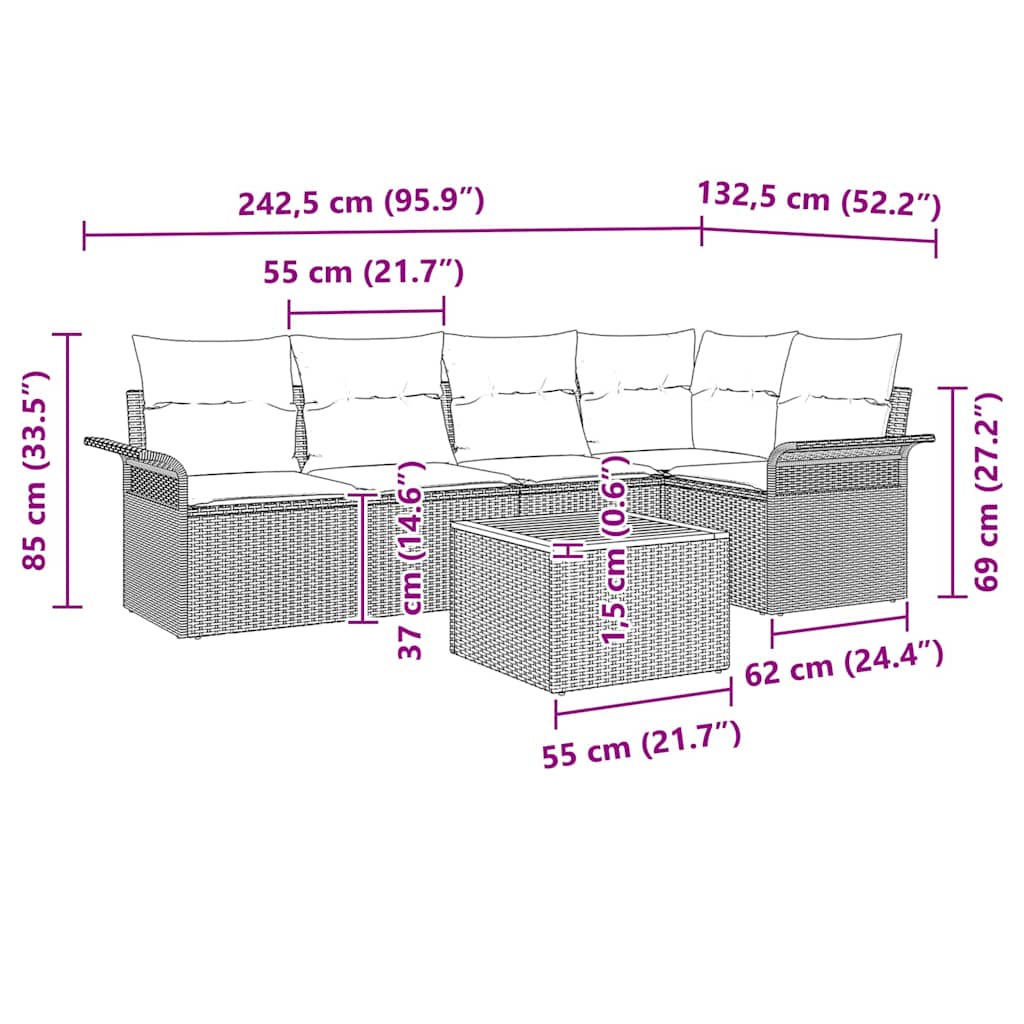 Gartensofa-set 6 stk. 5-Sitzanzahl Grau Poly-Rattan