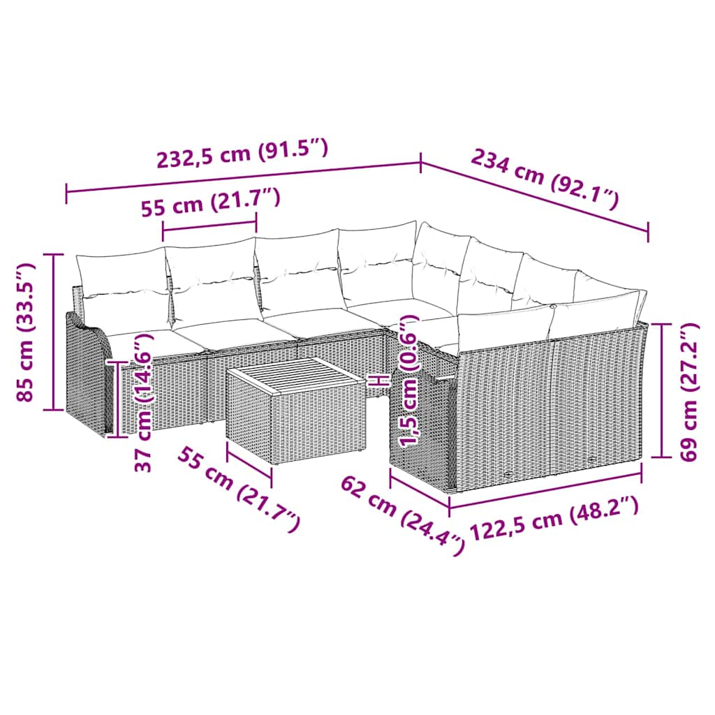 Gartensofa-set 9 stk. Grau Poly-Rattan