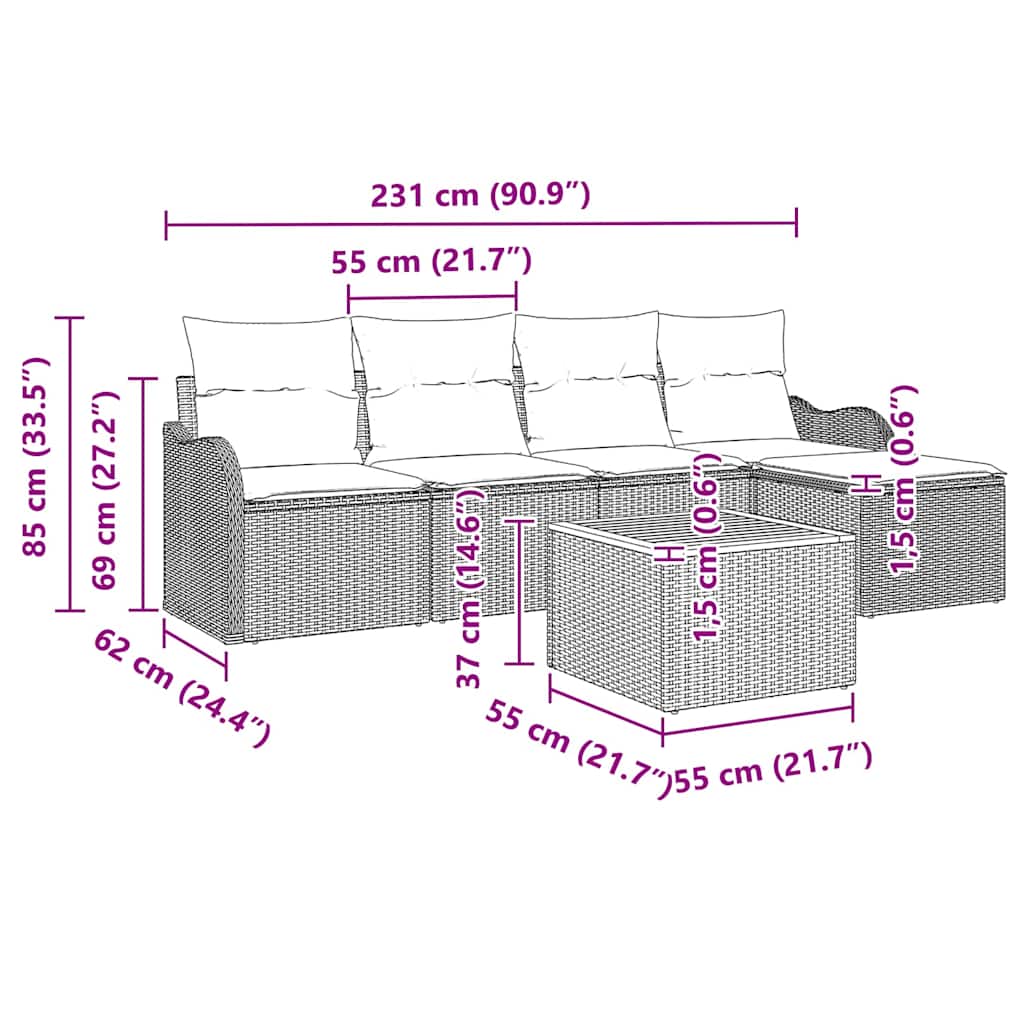 Gartensofa-set 6 stk. Grau Poly-Rattan