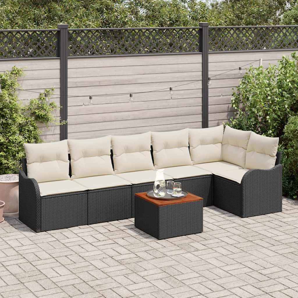 Gartensofa-set 7 stk. Schwarz und Creme Poly-Rattan