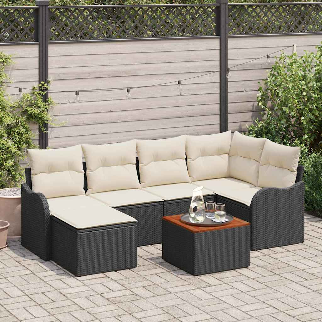 Gartensofa-set 7 stk. Schwarz und Creme Poly-Rattan