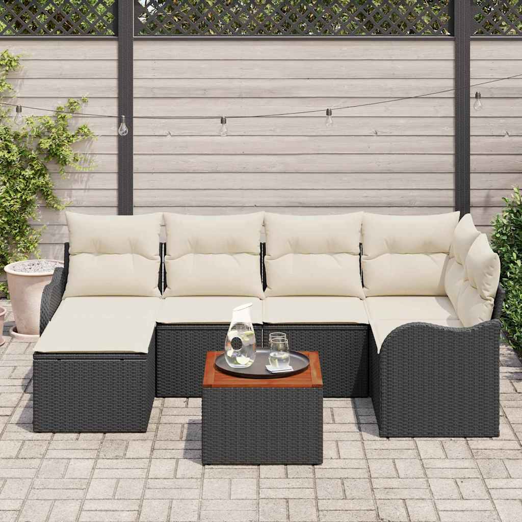 Gartensofa-set 7 stk. Schwarz und Creme Poly-Rattan