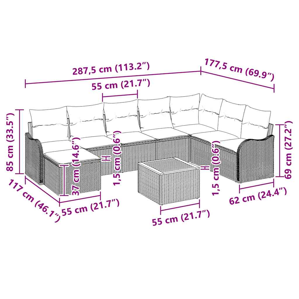 Gartensofa-set 9 stk. Grau Poly-Rattan