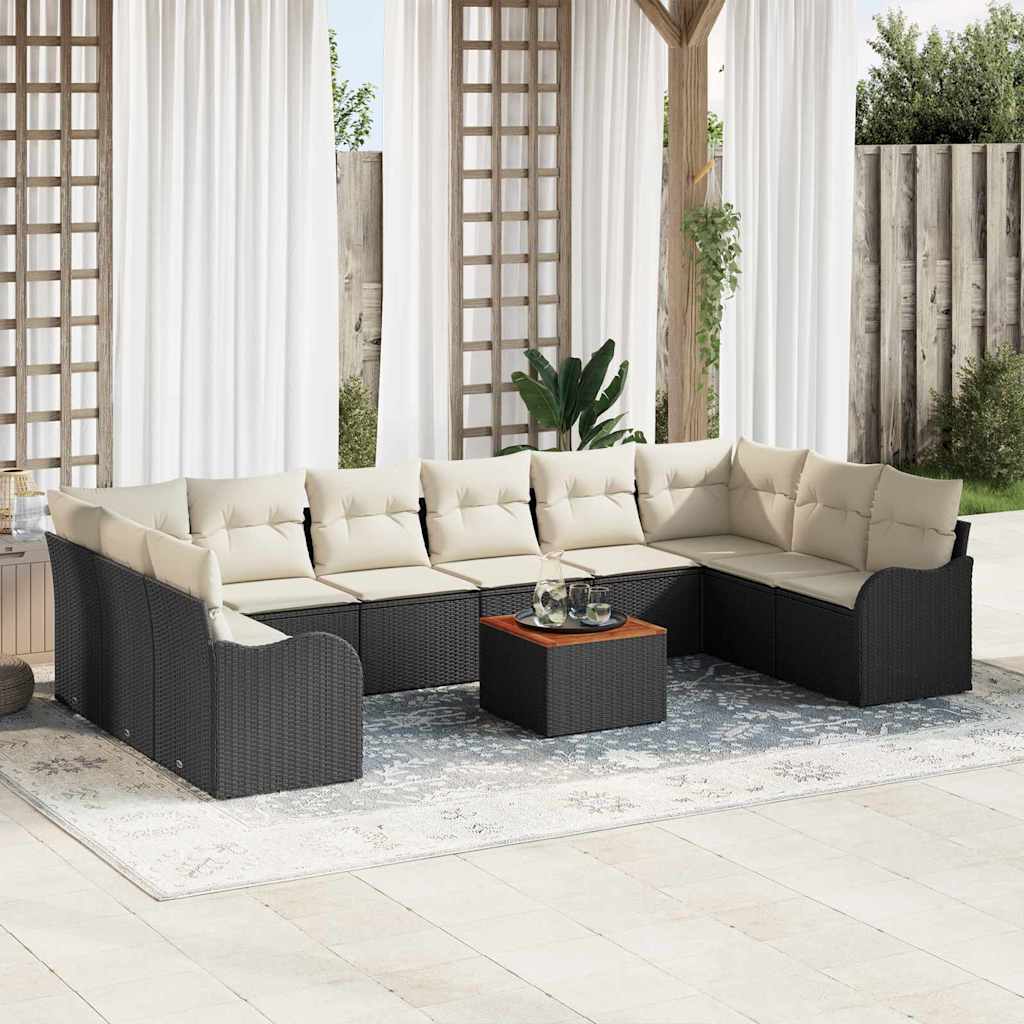 Gartensofa-set 11 stk. Schwarz und Creme Poly-Rattan