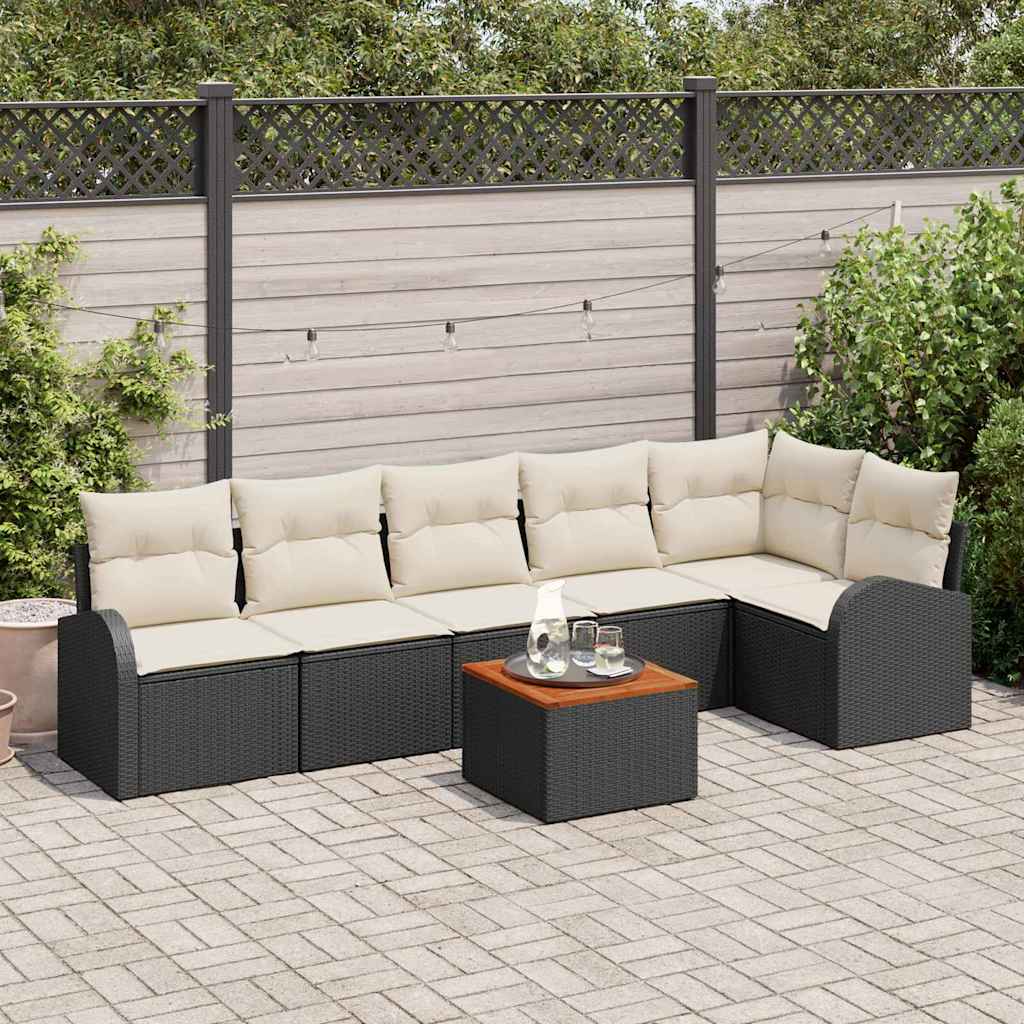 Gartensofa-set 7 stk. Schwarz und Creme Poly-Rattan