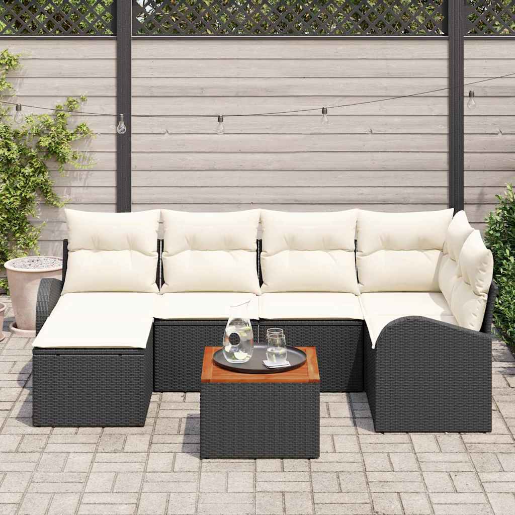 Gartensofa-set 7 Stk. Schwarz und Creme Poly-Rattan