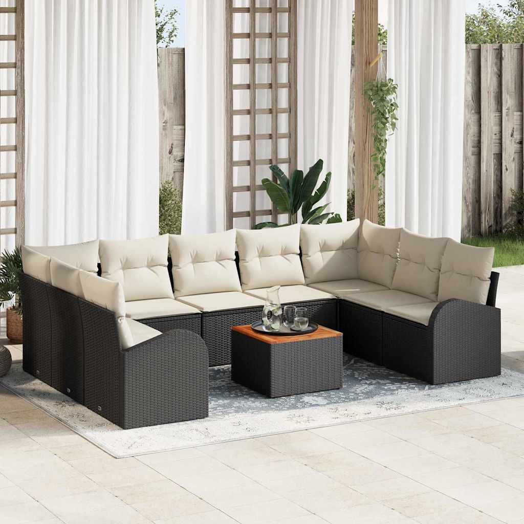 Gartensofa-set 10 stk. Schwarz und Creme Poly-Rattan