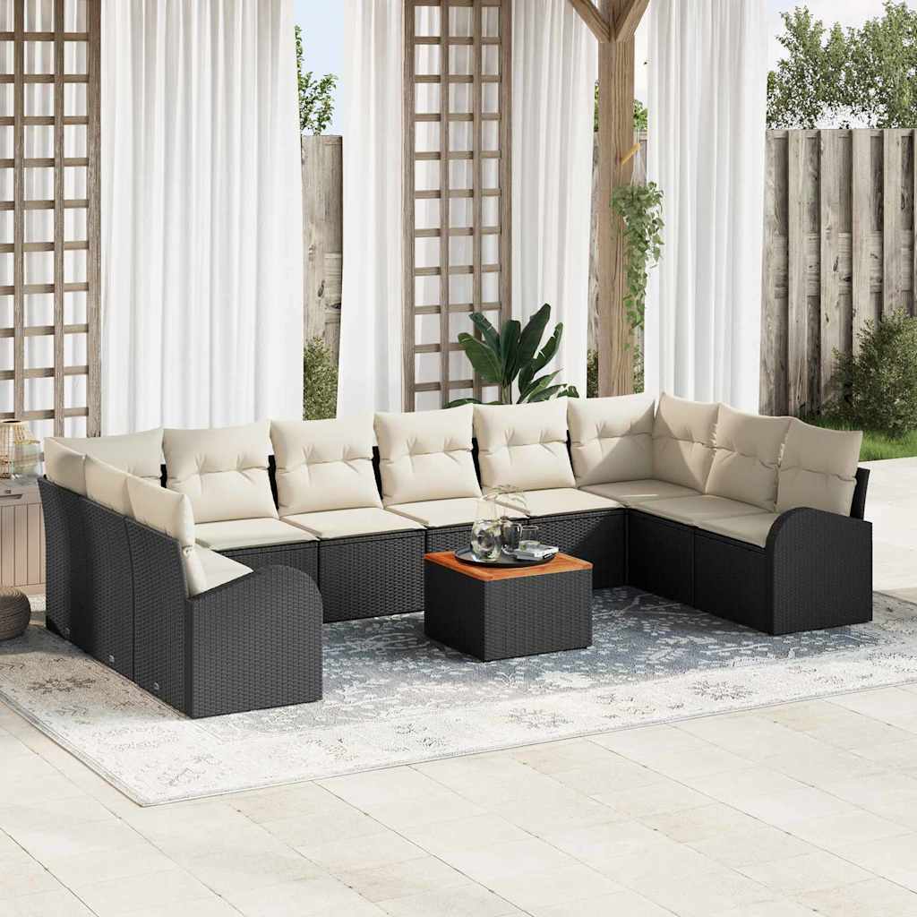 Gartensofa-set 11 stk. Schwarz und Creme Poly-Rattan