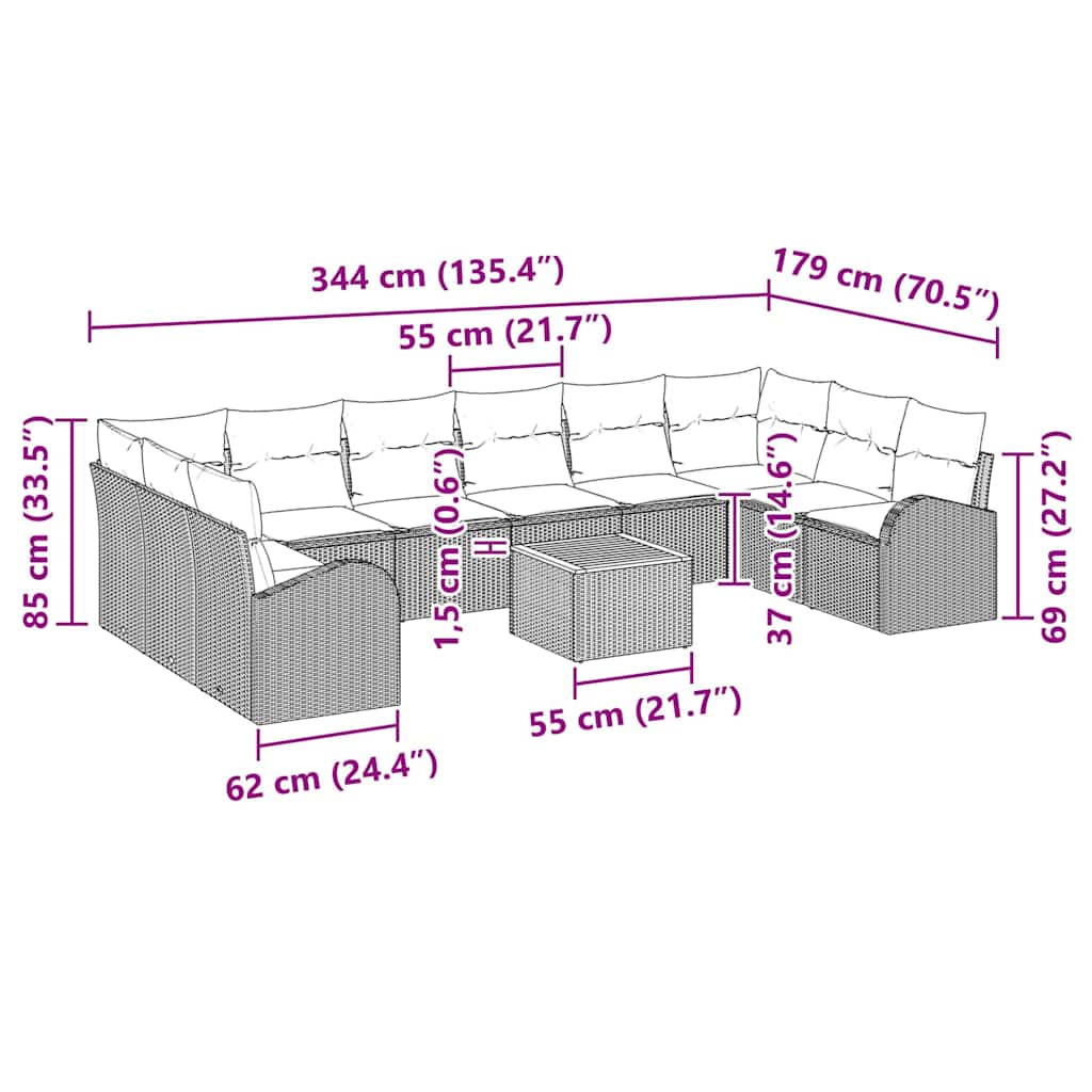 Gartensofa-set 11 stk. Schwarz und Creme Poly-Rattan