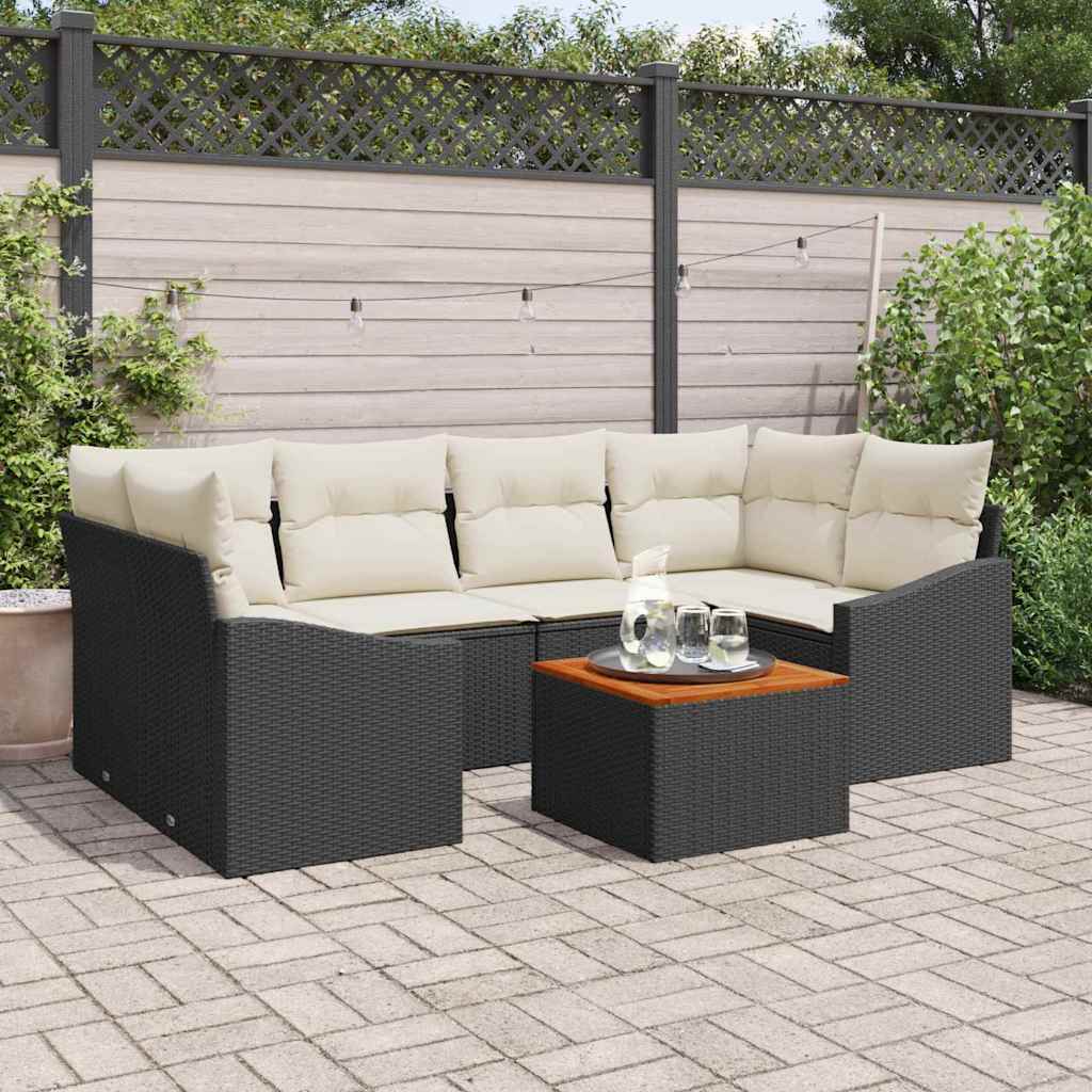 Gartensofa-set 7 stk. Schwarz und Creme Poly-Rattan