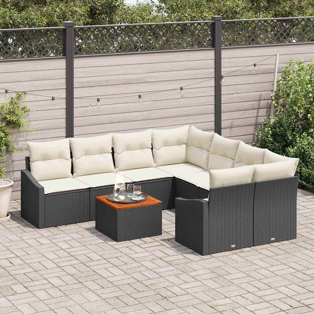 Gartensofa-set 9 stk. Schwarz und Creme Poly-Rattan