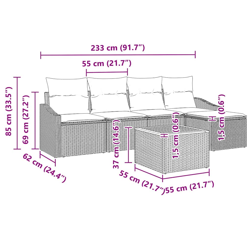 Gartensofa-set 6 stk. Schwarz Poly-Rattan