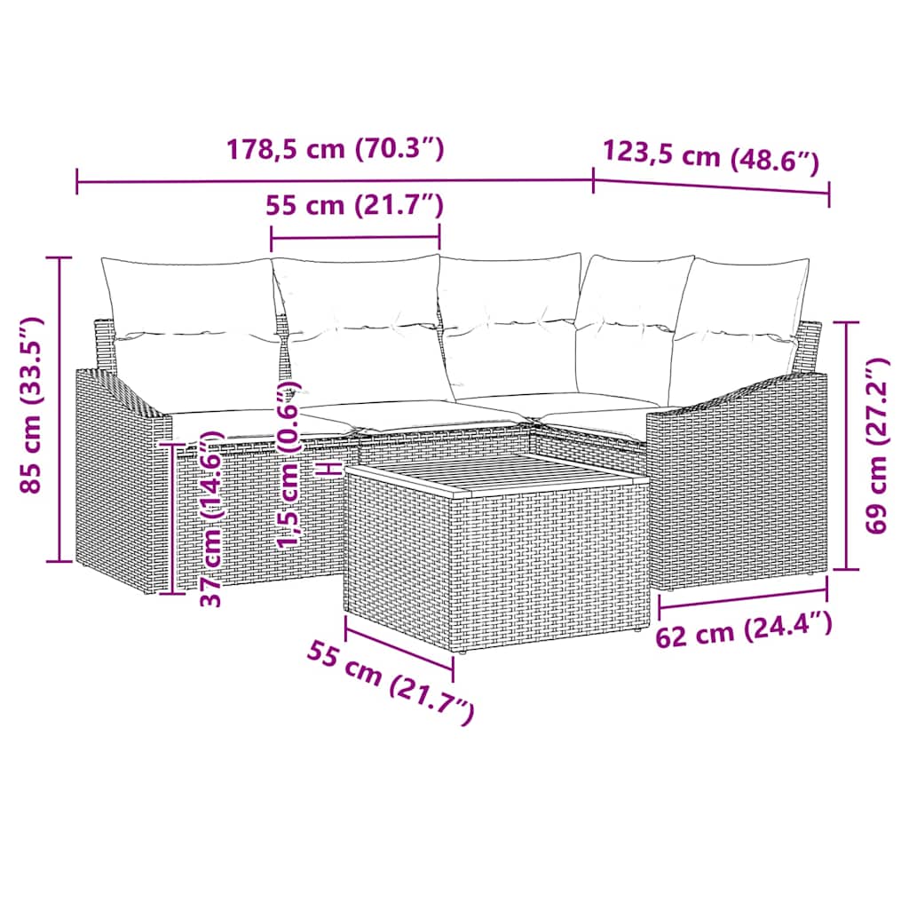 Gartensofa-set 5 stk. Schwarz und Creme Poly-Rattan