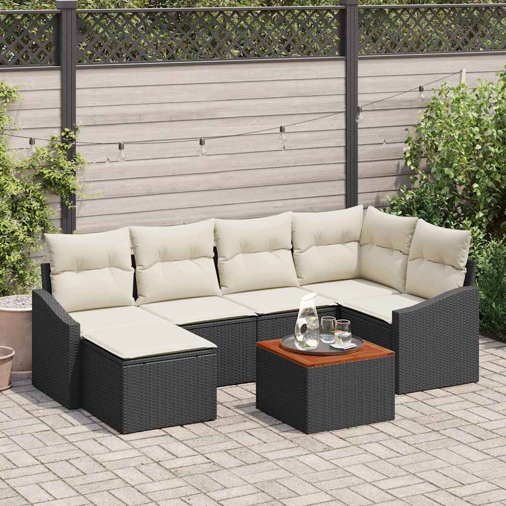 Gartensofa-set 7 stk. Schwarz und Creme Poly-Rattan