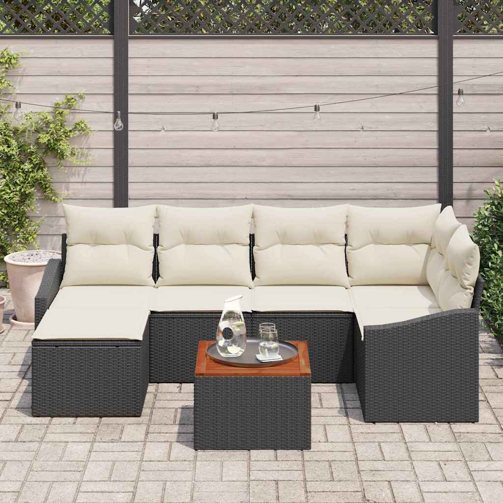 Gartensofa-set 7 stk. Schwarz und Creme Poly-Rattan
