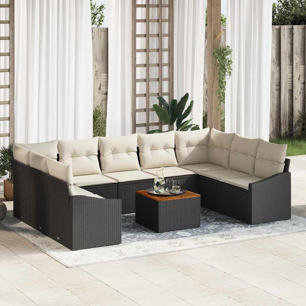 Gartensofa-set 10 Stk. Schwarz und Creme Poly-Rattan