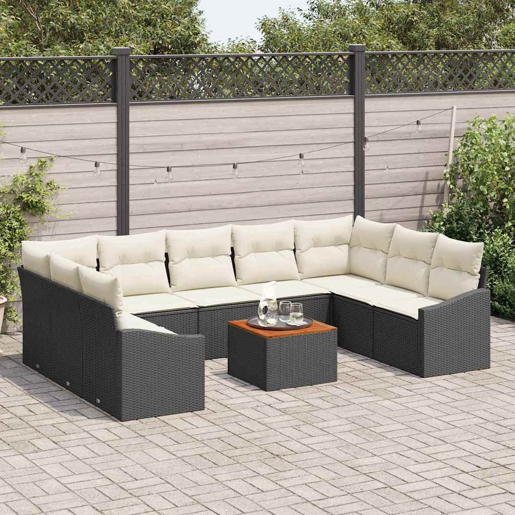 Gartensofa-set 10 Stk. Schwarz und Creme Poly-Rattan