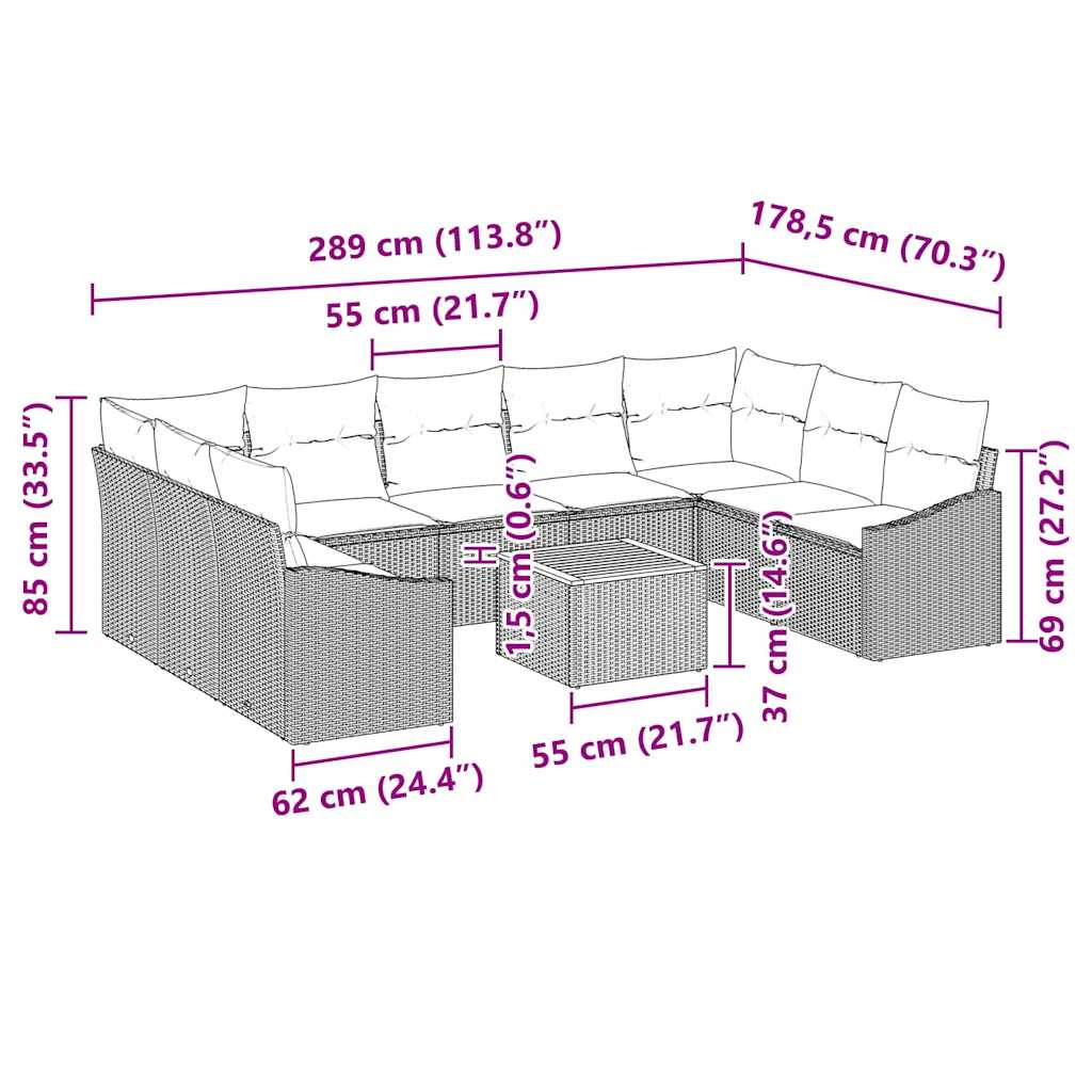 Gartensofa-set 10 stk. Grau Poly-Rattan