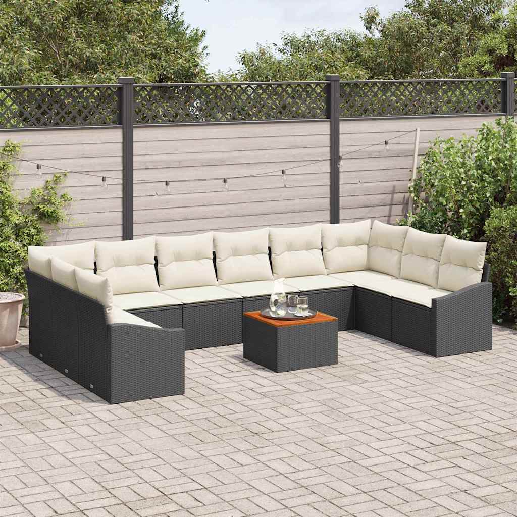 Gartensofa-set 11 Stk. Schwarz und Creme Poly-Rattan