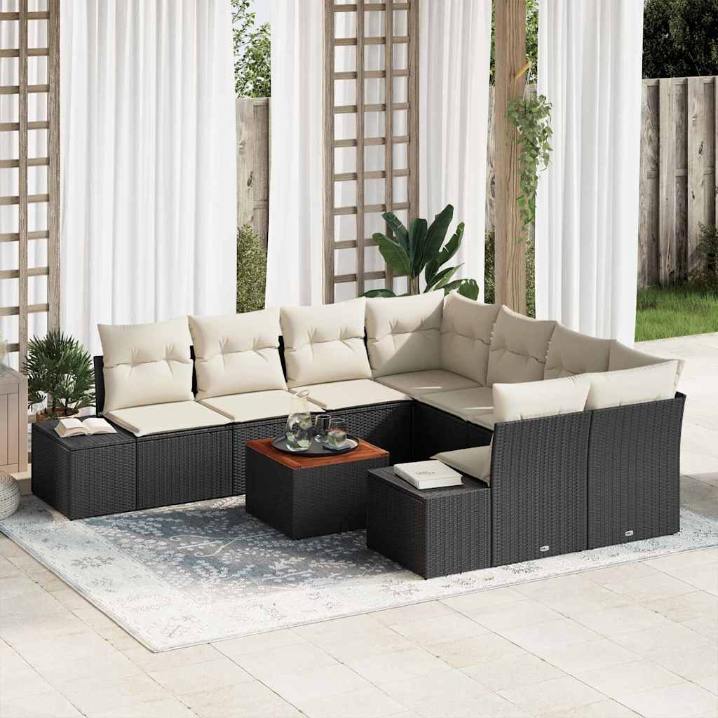 Gartensofa-set 9 Stk. Schwarz und Creme Poly-Rattan