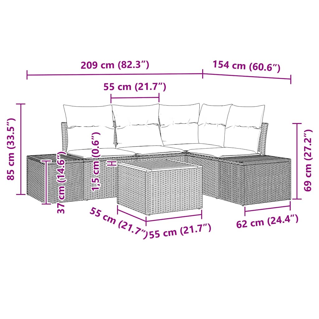 Gartensofa-set 5 stk. Schwarz und Creme Poly-Rattan