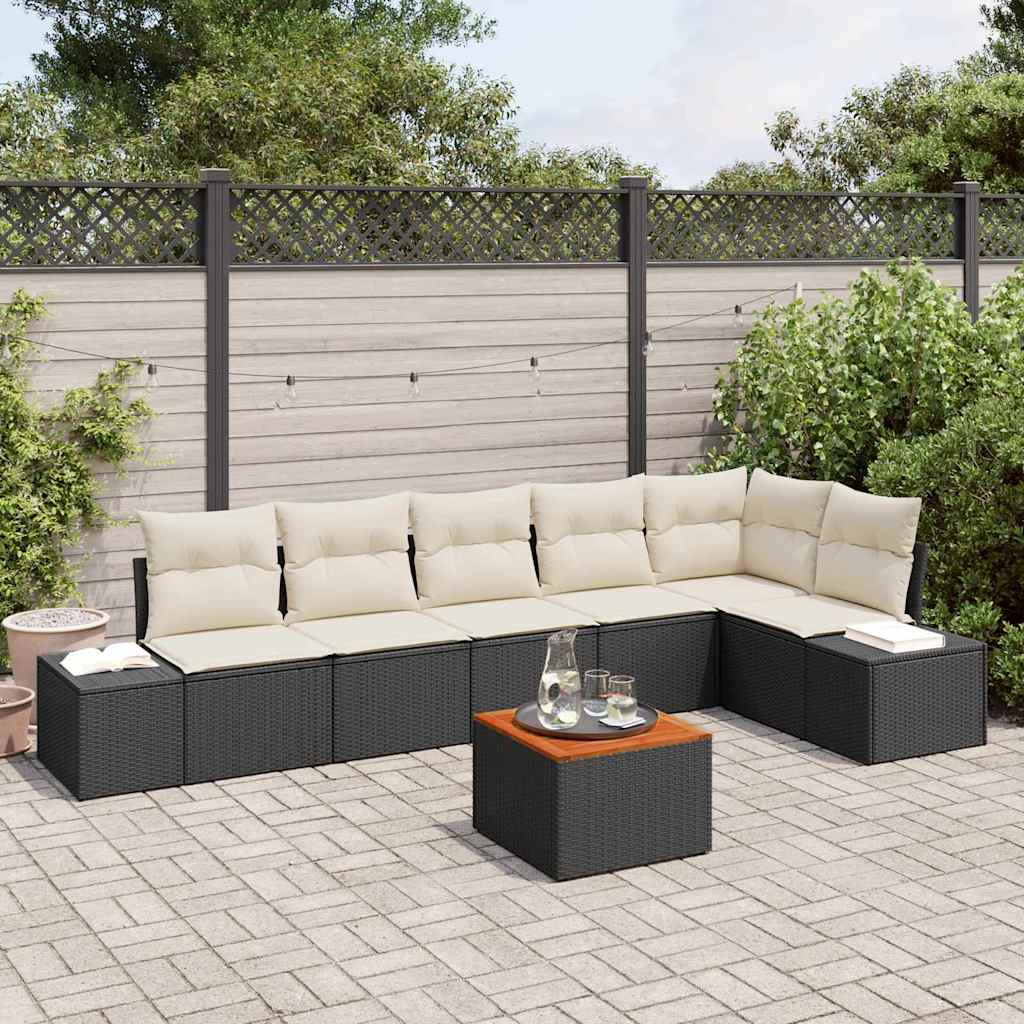 Gartensofa-set 7 stk. Schwarz und Creme Poly-Rattan