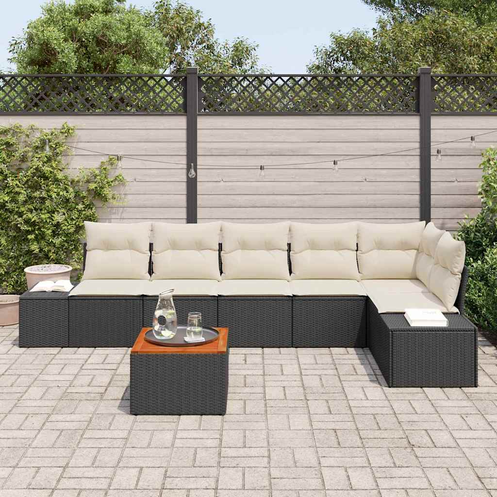 Gartensofa-set 7 stk. Schwarz und Creme Poly-Rattan