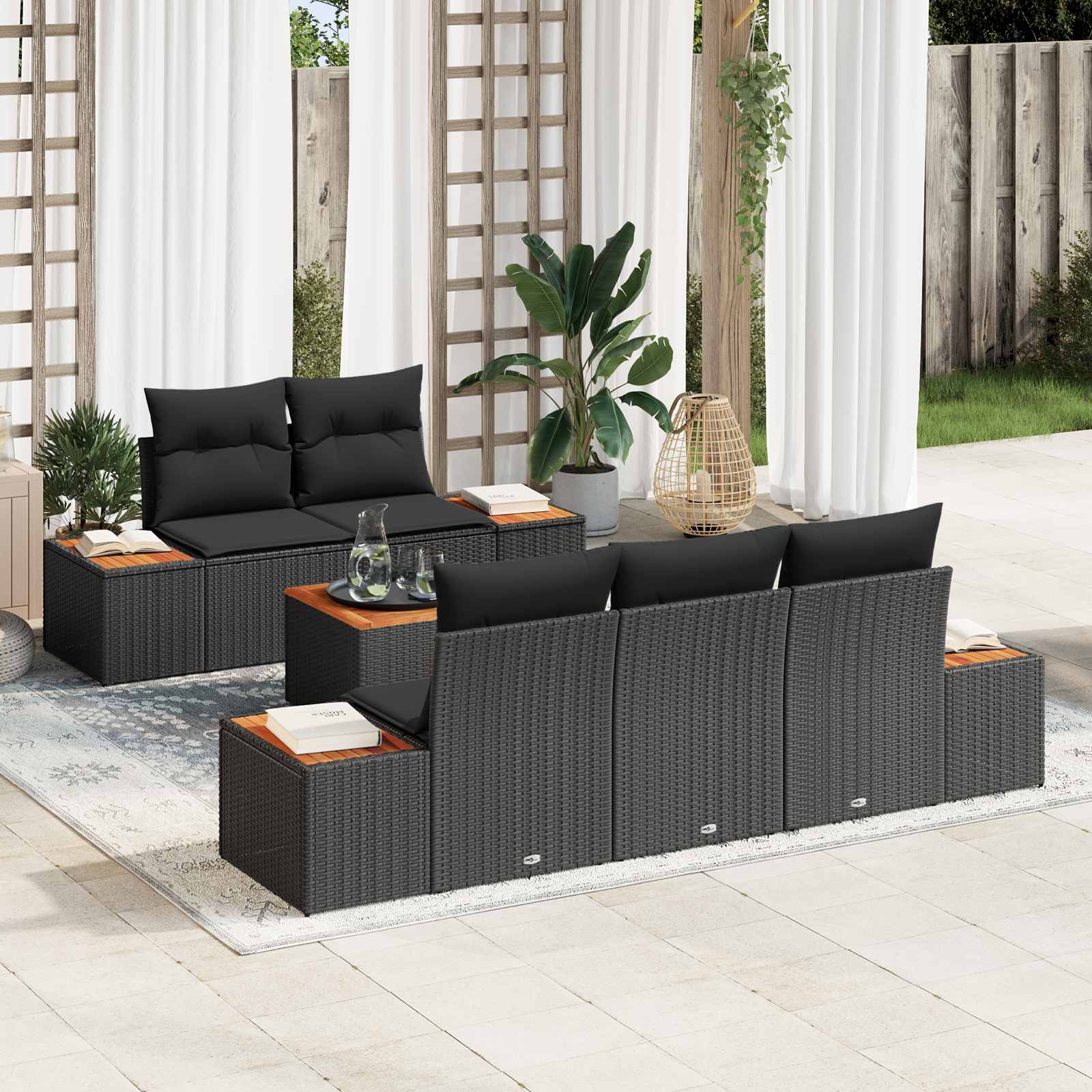 Garten-Sofa-Set 6 Stk. Schwarz Poly Rattan