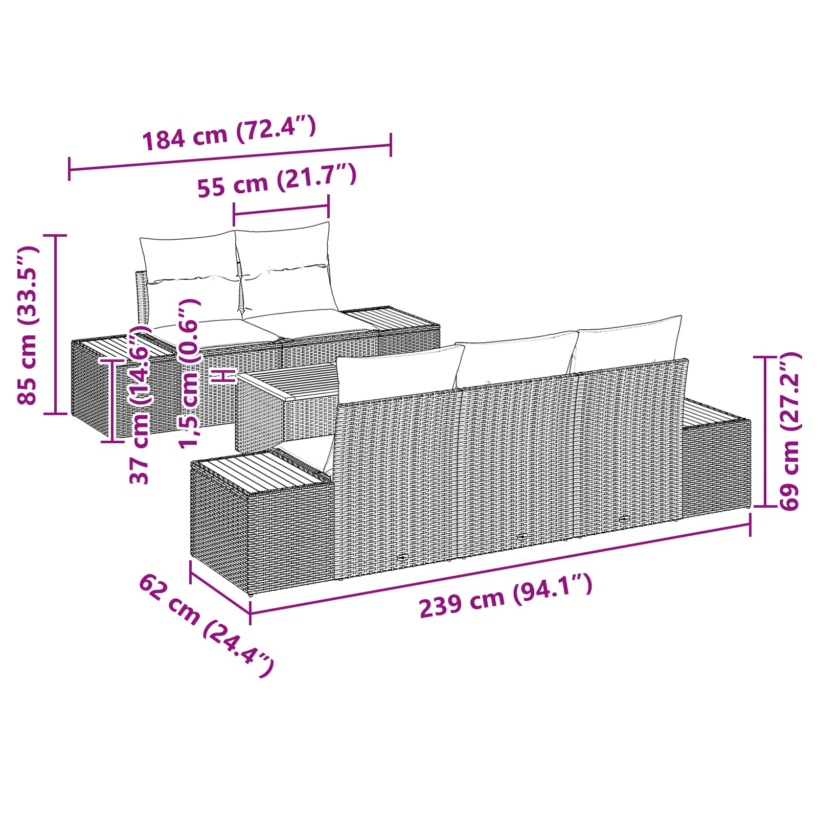 Garten-Sofa-Set 6 Stk. Schwarz Poly Rattan