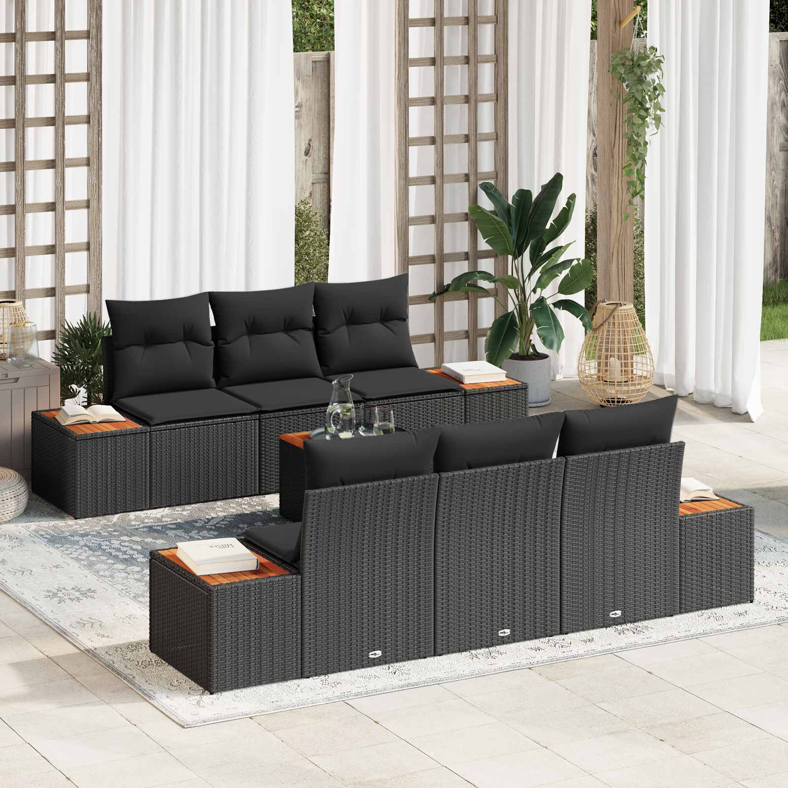 Garten-Sofa-Set 7 stk. Schwarz Poly Rattan