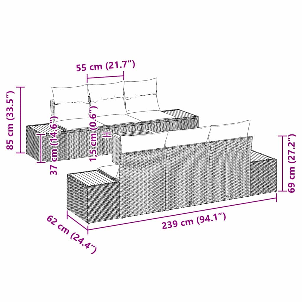 Garten-Sofa-Set 7 stk. Grau Poly Rattan