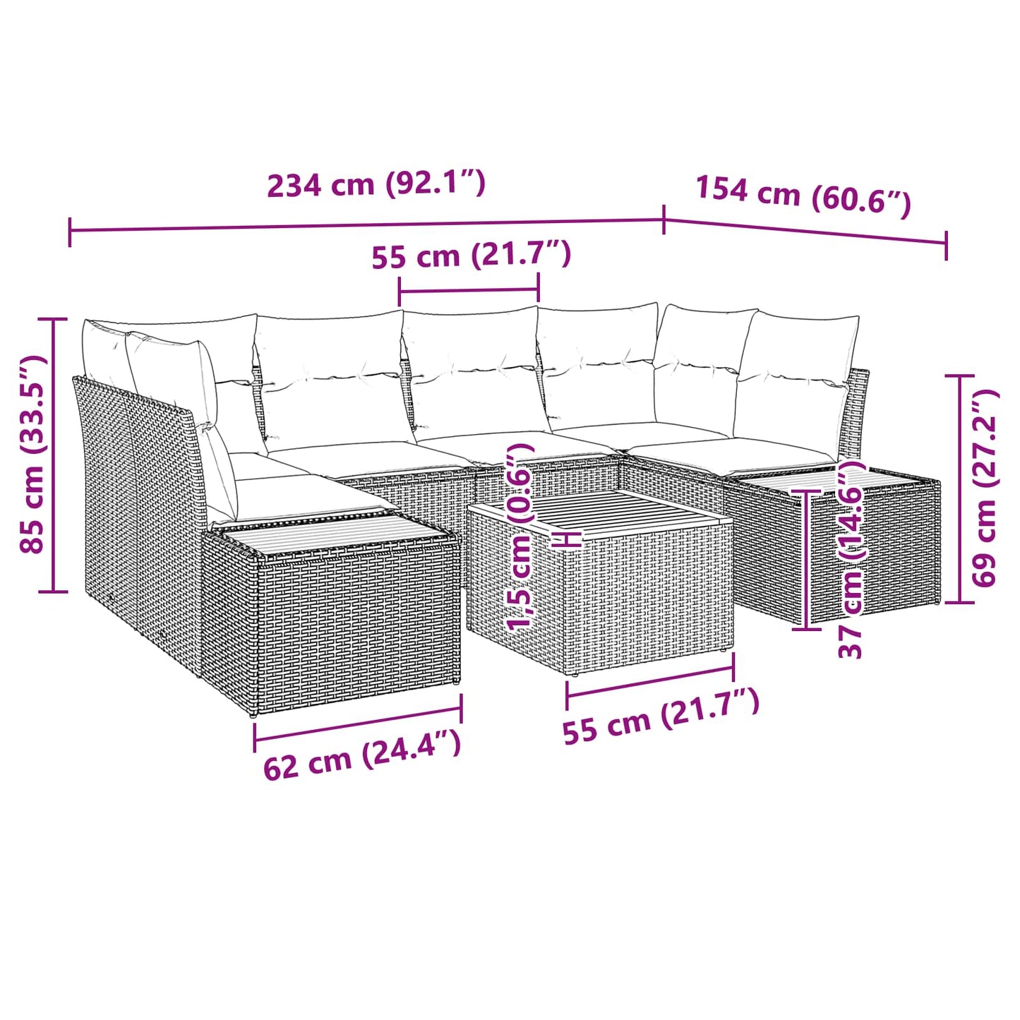 Garten-Sofa-Set 7 stk. Schwarz Poly Rattan