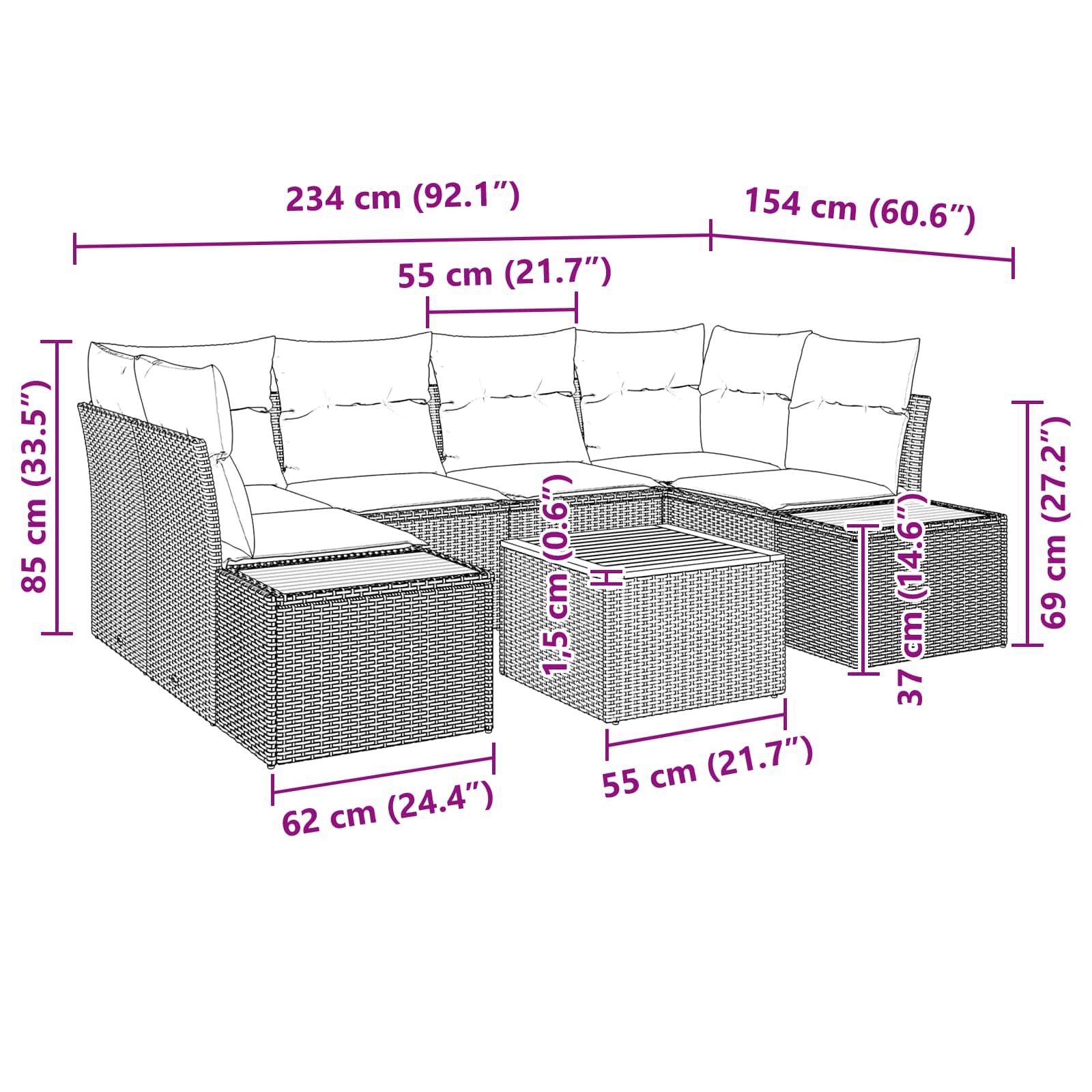 Garten-Sofa-Set 7 stk. Schwarz Poly Rattan