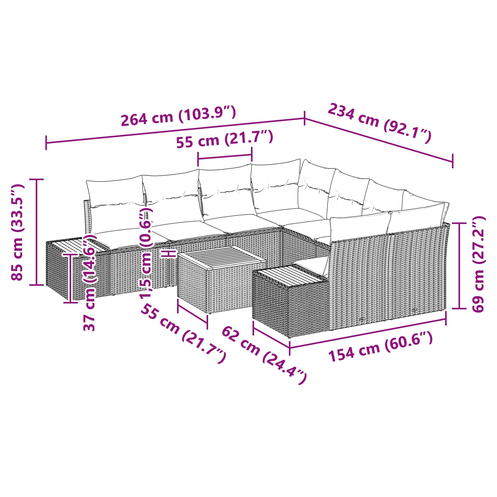 Garten-Sofa-Set mit Kissen 9 pcs Schwarz Poly Rattan