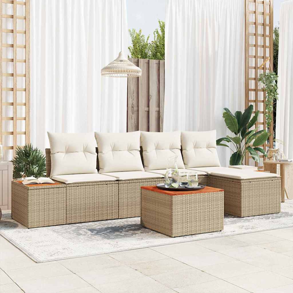 Gartensofa-set 6 Stk. 5-Sitzanzahl Beige und Creme Polyrattan