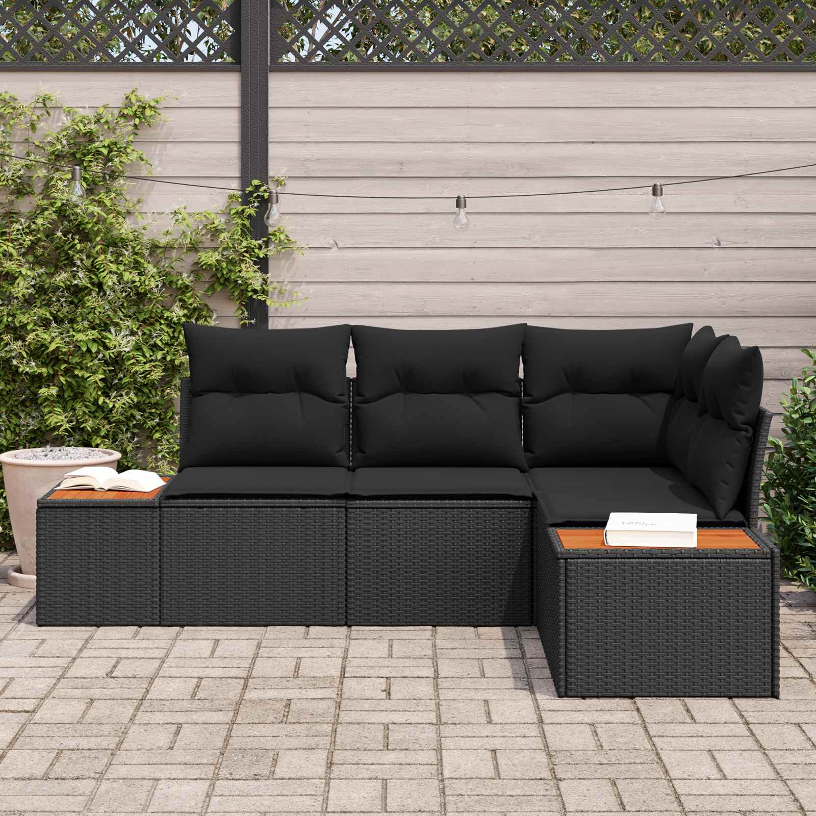 Gartensofa-set mit Kissen mit Speicher 4 pcs Schwarz Polyrattan