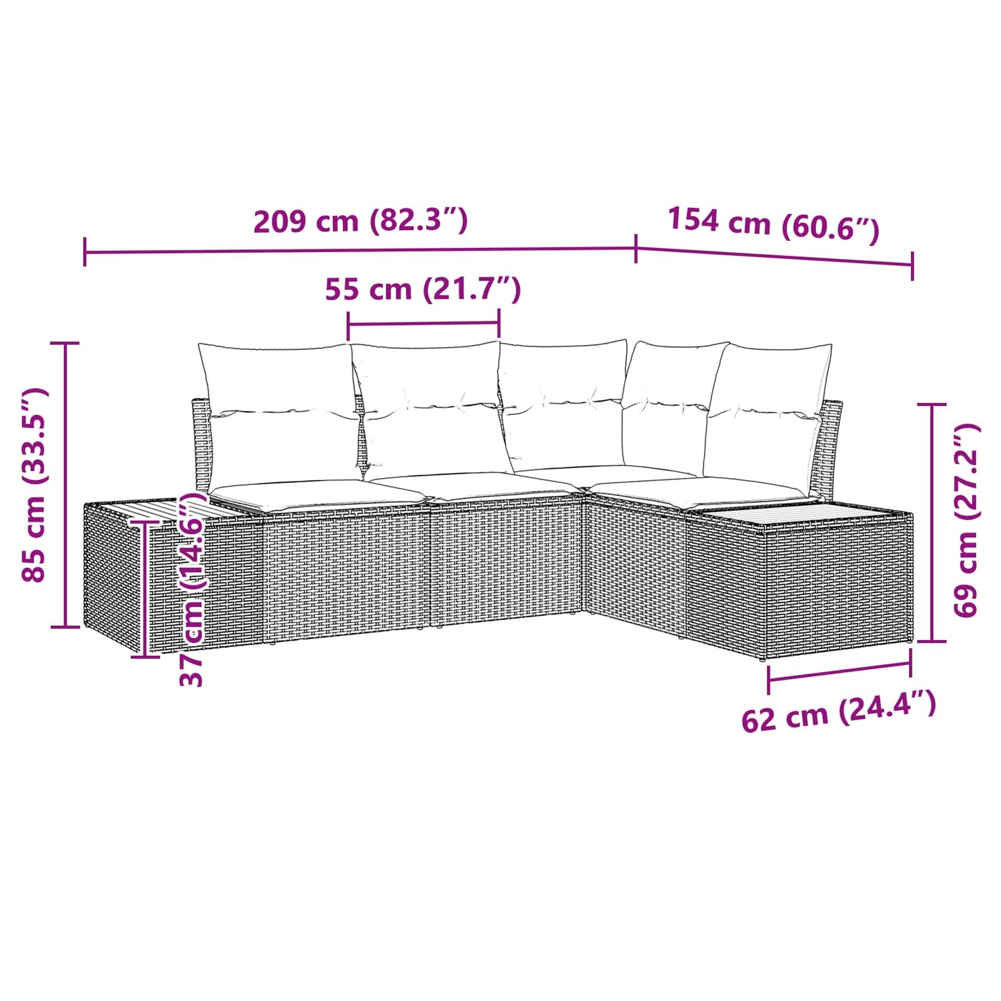 Gartensofa-set mit Kissen mit Speicher 4 pcs Schwarz Polyrattan
