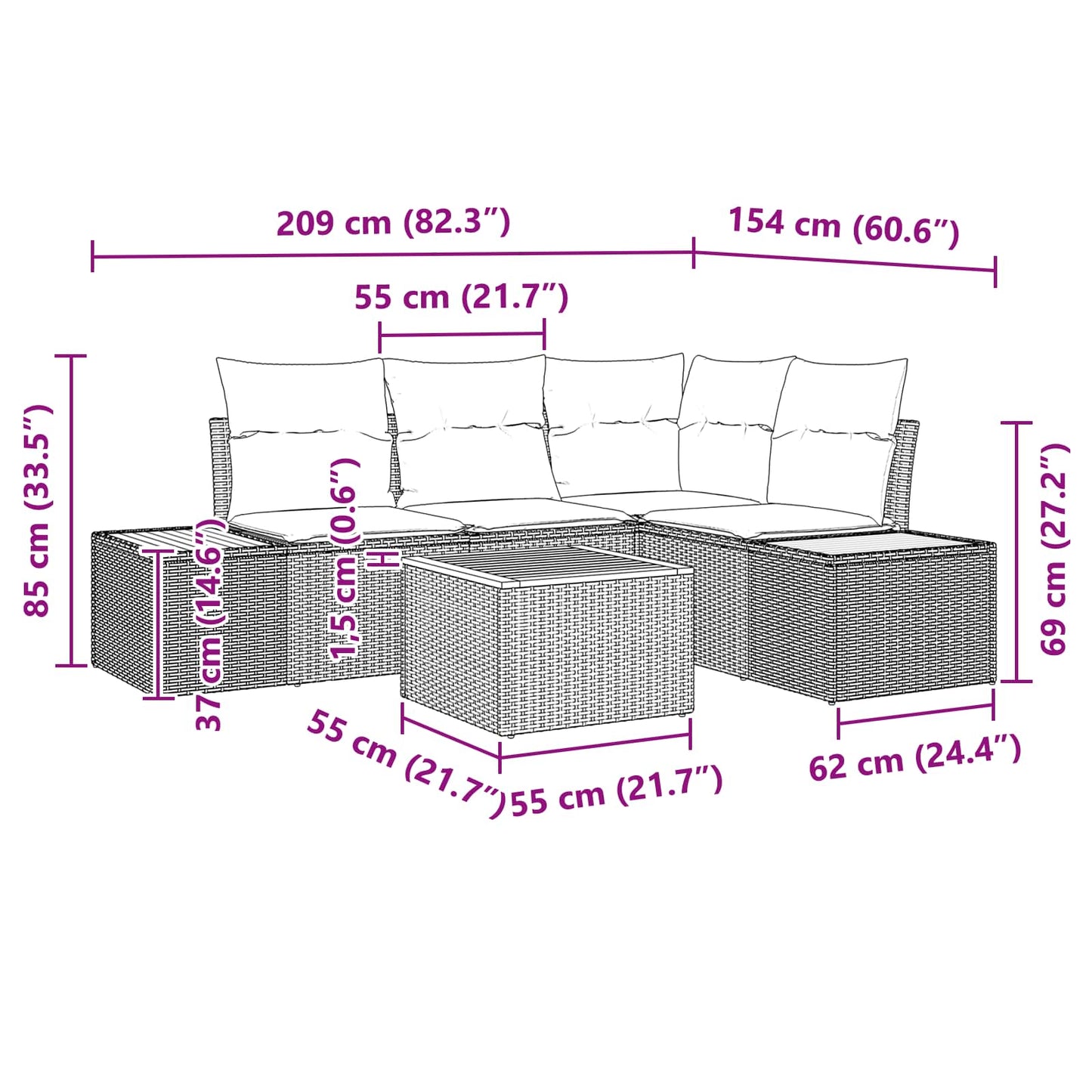 Gartensofa-set mit Kissen mit Speicher 4 pcs Schwarz Polyrattan